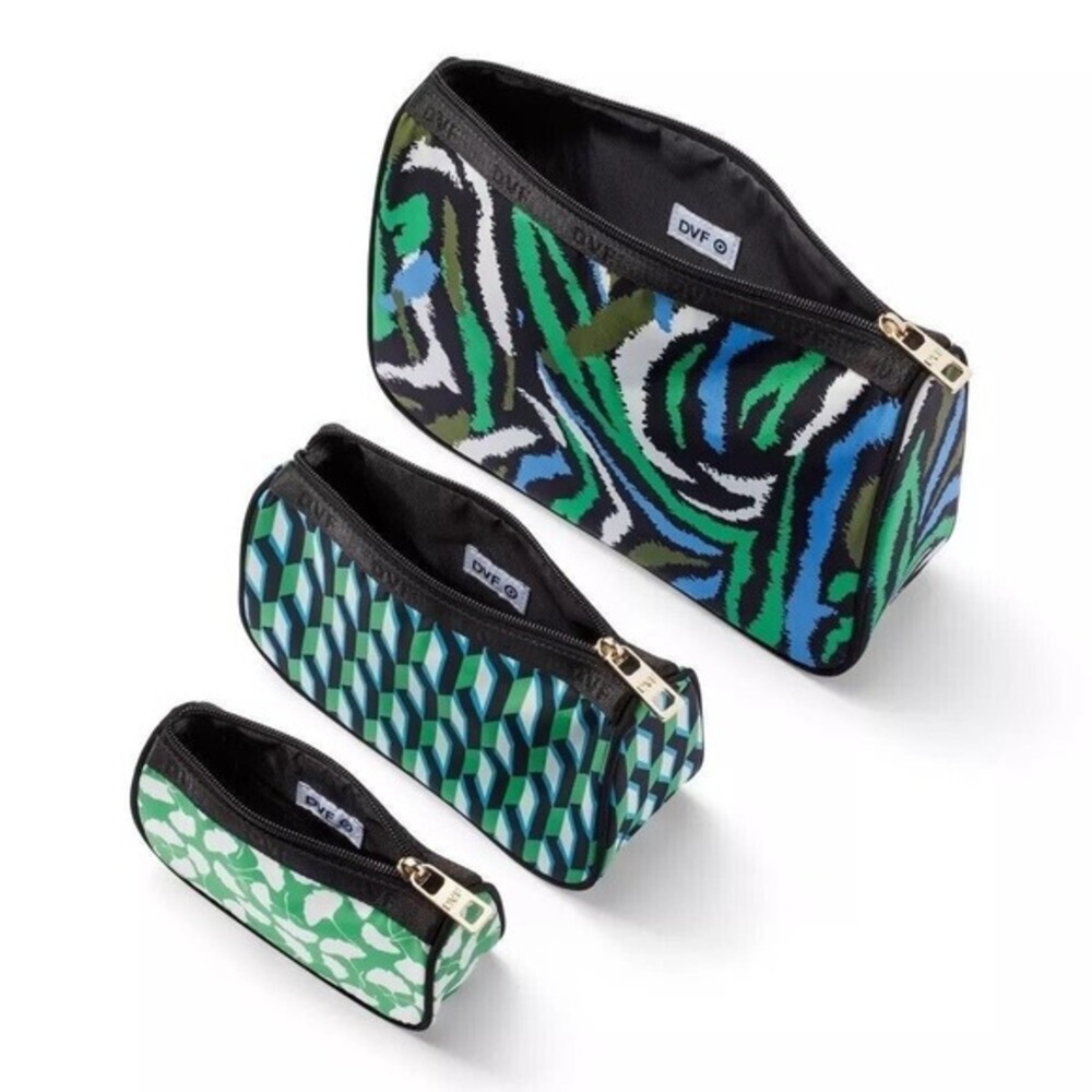 New Diane Von Furstenberg 3 Piece Travel Pouch Set in Blue, Green and Black - Picture 8 of 9